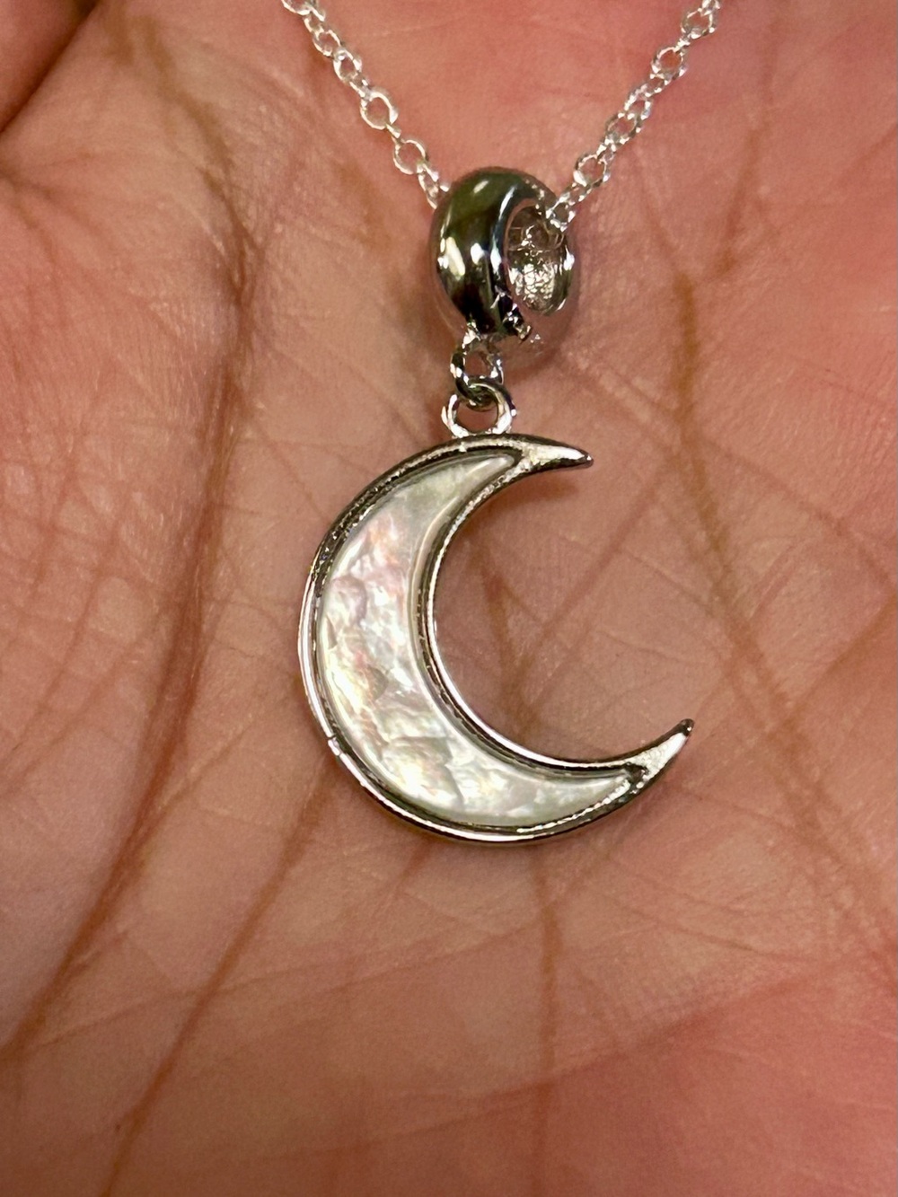 S 925 Sterling Silver Crescent Moon Pendant White Mother-of-Pearl Inlay